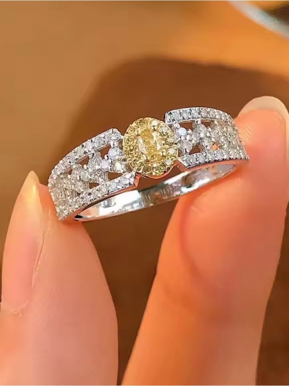 14k White Gold filled Yellow Halo Band Ring with White Sapphire Pavé
